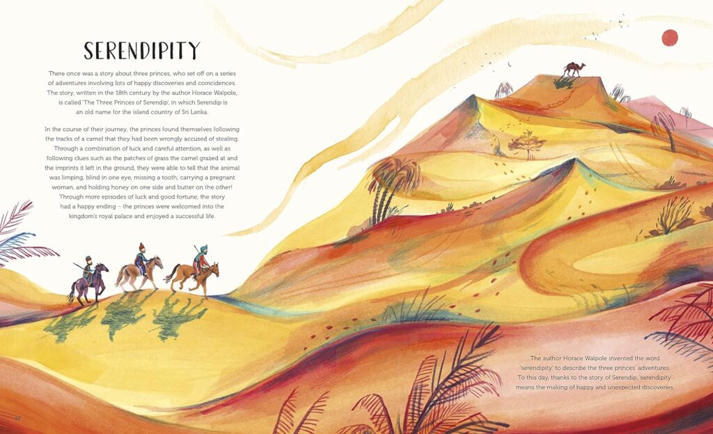 Double page spread from Roots of Happiness for review. The image shows a dusty desert, with winding camel tracks and occasional trees. On the left is the explanation of the word "serendipity", while below this there are three Prnces travelling on the backs of camels.
