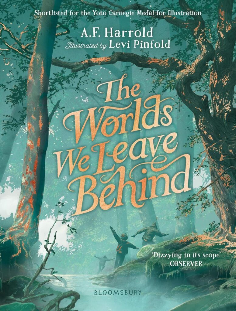 Book cover for review shows a stream flowing through a green forest, the trees dappled with gold. Along the bank three children walk, their aims outstretched for balance. In the middle, over the stream between the trees on either bank, the title 'The Worlds We Leave Behind' is picked out in gold.