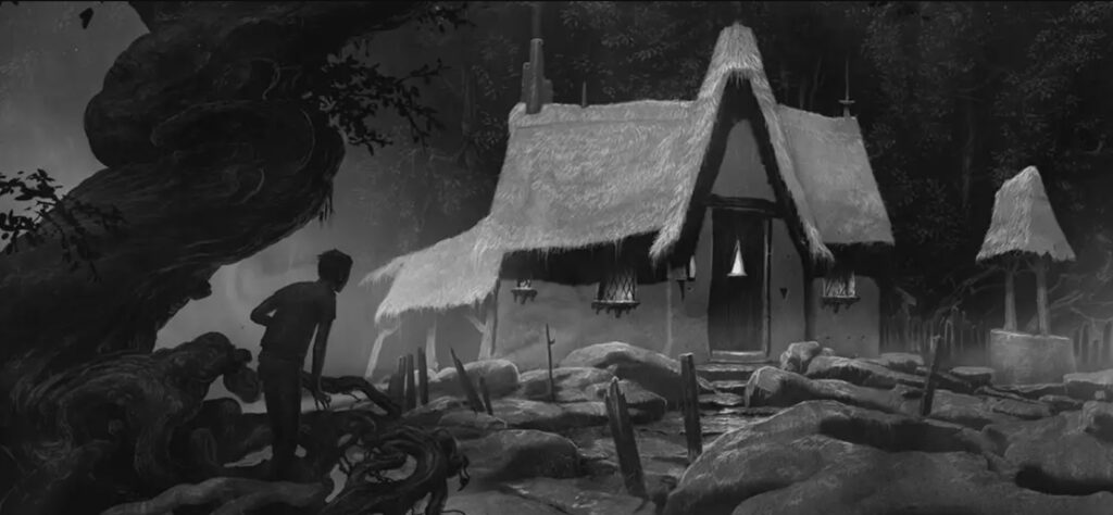 Black and white image showing a young boy facing away from us, emerging from the forest into a clearing. In the clearing stands a small cottage with a thatched roof, and a well to the right. A light is visible through the window.