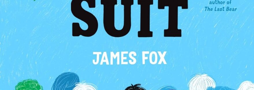 Book cover for review shows a young boy in a shabby black suit standing amongst a crowd of people against a light blue background. The people are silhouetted in blue, green, and white, with no facial details, causing the boy to stand out. Above is the title 'The Boy in the Suit' in large letters.