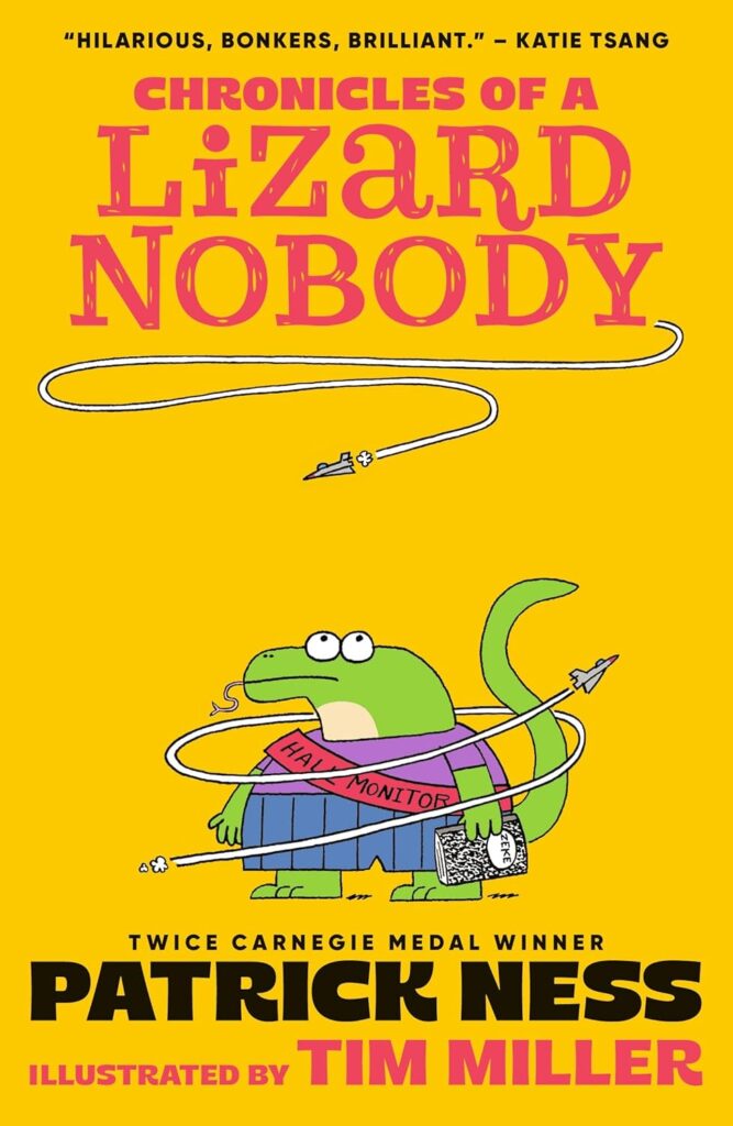 Image shows a green monitor lizard in a purple top and blue trousers against a plain mustard coloured background. He is holding a notebook that says "Zeke" on the front, and wearing a red sash that says "hall monitor". A small plane circles around him. Another plane loops down from the title at the top, "Chronicles of a Lizard Nobody" written in red.