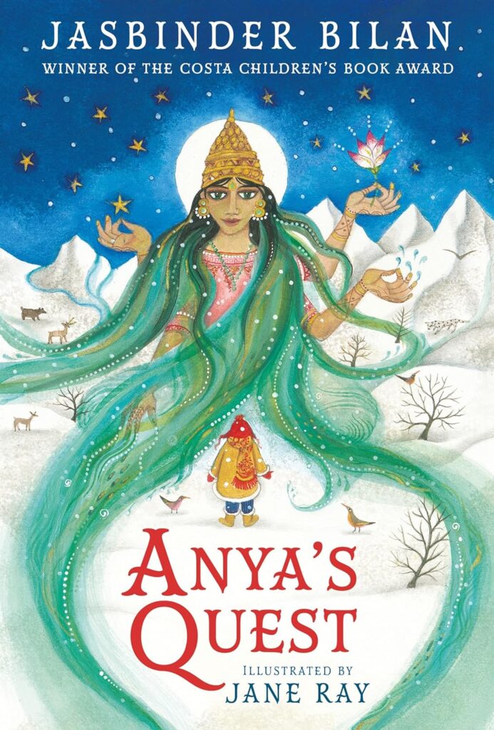 Image shows a young girl in warm weather clothes, looking up a large female figure. The woman is dressed in pink and has long green hair that flows down the image around the girl. The woman also has 4 arms, covered in henna; one is stretched downwards, while the other 3 are crooked upwards. One holds a lotus flower, the other two are in Vitarka Mudra positions, one of which also has water coming from the fingertips. The landscape is snowy, and the sky above is dark blue with stars. The woman has a green bindi on her forehead, and is smiling down at the girl. Behind the woman's head, a full moon shines.