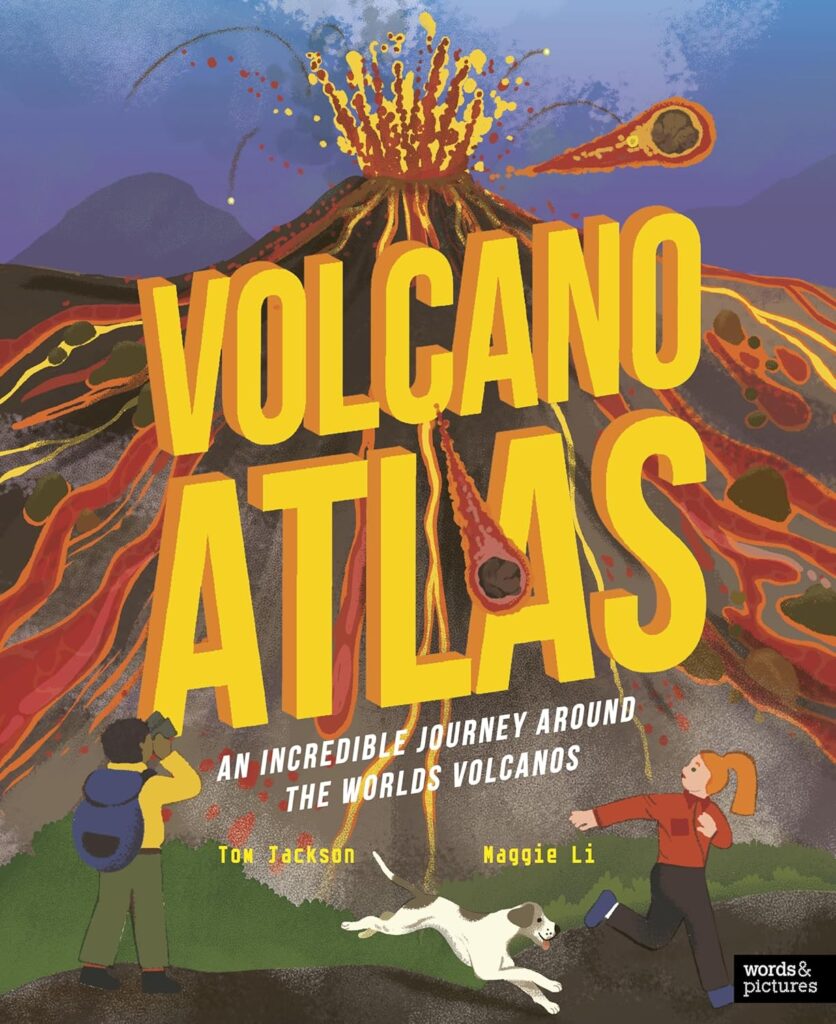 Image shows a volcano erupting, and a large piece of rock surrounded by orange and red flying off to the right. Lava flows down the brown slopes of the volcano. In the foreground, a man stands taking a photo, while a woman and dog run away. The title "Volcano Atlas" is large and central, in yellow.